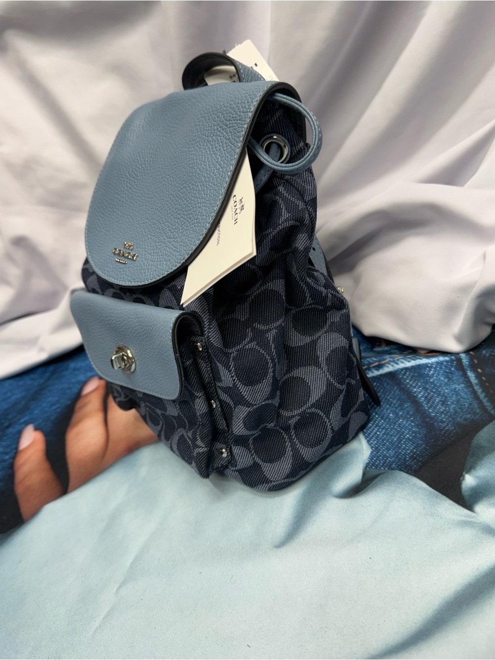 (new+tag) Coach Mini Backpack Denim Leather Light Blue /Navy Signature Monogram - Picture 10 of 15